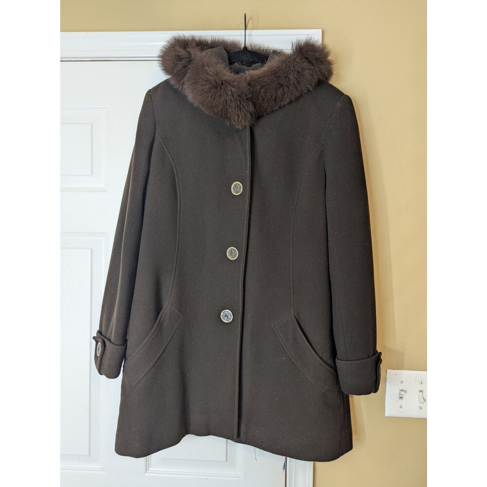 Sachi Collection Wool Cashmere Coat Size Large Fox Fur Hood Quiet Luxury